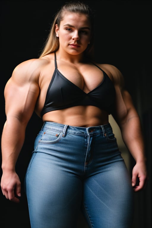 A heavily muscled iffb pro female bodybuilder, a RAW photo, portrait of 23 year old Zoe Slater, wearing black satin blouse, jeans, simple background, model shot, cinematic shot, volumetric lighting, detailed eyes and face, magnificent, epic, sharp focus, dlsr, rim lights, blurry background, best quality, highly detailed, masterpiece, 8k, 