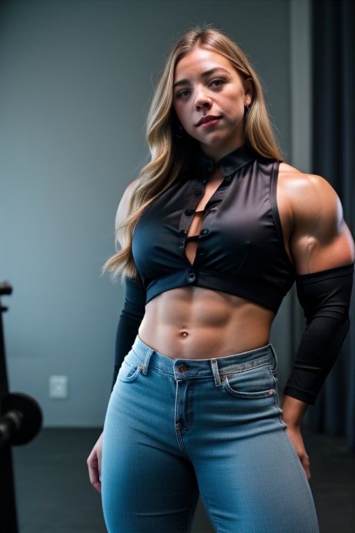 A heavily muscled iffb pro female bodybuilder, a RAW photo, portrait of Sydney Sweeney, wearing black satin blouse, jeans, simple background, model shot, cinematic shot, volumetric lighting, detailed eyes and face, magnificent, epic, sharp focus, dlsr, rim lights, blurry background, best quality, highly detailed, masterpiece, 8k, ,fmg