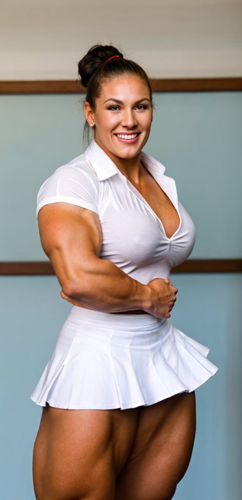 Valerie Adams,  A heavily muscled iffb pro female bodybuilder,  a schoolgirl wearing a silk buttoned shirt, short skirt.