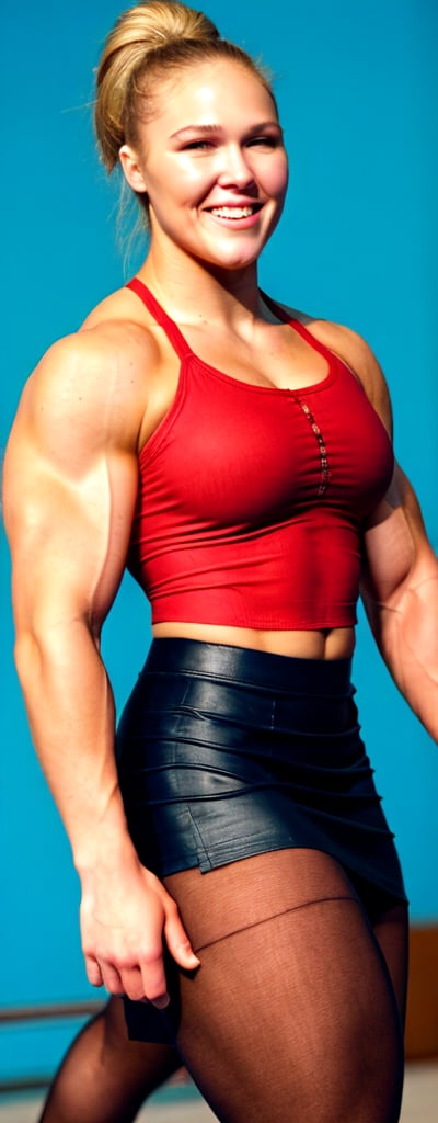 22 year old Ronda Rousey a heavily muscled iffb pro female bodybuilder,  a schoolgirl wearing a tight silk buttoned shirt, short rubber skirt,  red opaque pantyhose ,fmg