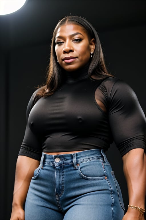 A heavily muscled iffb pro female bodybuilder, a RAW photo, portrait of Queen Latifah, wearing a tight black satin blouse with long sleeves, jeans, simple background, model shot, cinematic shot, volumetric lighting, detailed eyes and face, magnificent, epic, sharp focus, dlsr, rim lights, blurry background, best quality, highly detailed, masterpiece, 8k, ,fmg