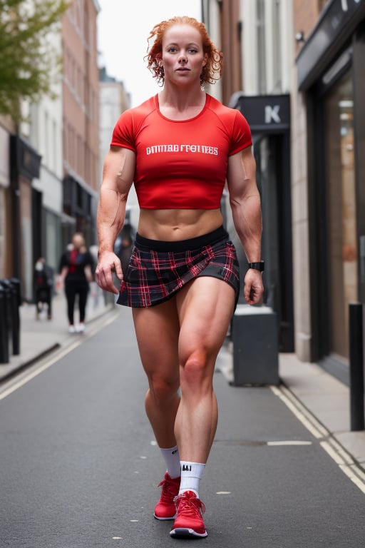 A heavily muscled female crossfit athletic, 
 red headed, ginger hair,  wearing a white t-shirt. BREAK plaid short skirt BREAK white ankle socks. BREAK black sneakers,  she is walking along the highstreet in an English city , there are other people walking 