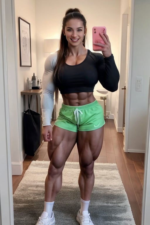 A heavily muscled iffb pro female bodybuilder,  Full-body mirror selfie of a muscular woman standing in a room with a wooden floor. She has long, dark hair with pink highlights and is wearing a black long-sleeve top and light green shorts. She is holding a smartphone with a reflective case in her left hand. She is also wearing white and gray athletic shoes with white socks. The room has a white wall with a calendar or planner hanging on it, and there is a black and white patterned rug on the floor. In the background, there is a black bag and some other items partially visible.