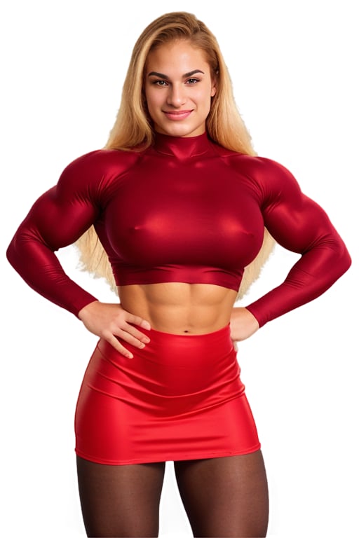 18 year old  Nicole Bass a heavily muscled iffb pro female bodybuilder,  a teacher wearing a tight silk buttoned shirt, short rubber skirt,  red opaque pantyhose ,fmg