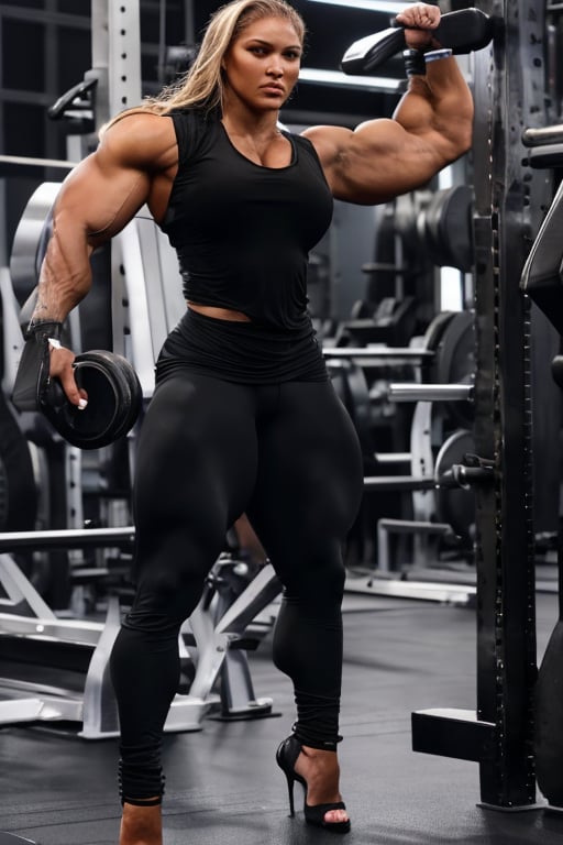 Ms Olympia, A heavily muscled iffb pro female bodybuilde ronda rousey, extremely large woman, enormous muscles,.humongous chest, exaggerated huge muscles, enormous chest, wearing a black translucent shirt, tight black silk trousers, stilettos.,Masterpiece,broken_clothes