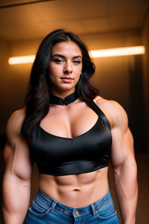 A heavily muscled iffb pro female bodybuilder, a RAW photo, portrait of 25 year old Supergirl wearing black satin blouse, jeans, simple background, model shot, cinematic shot, volumetric lighting, detailed eyes and face, magnificent, epic, sharp focus, dlsr, rim lights, blurry background, best quality, highly detailed, masterpiece, 8k, 