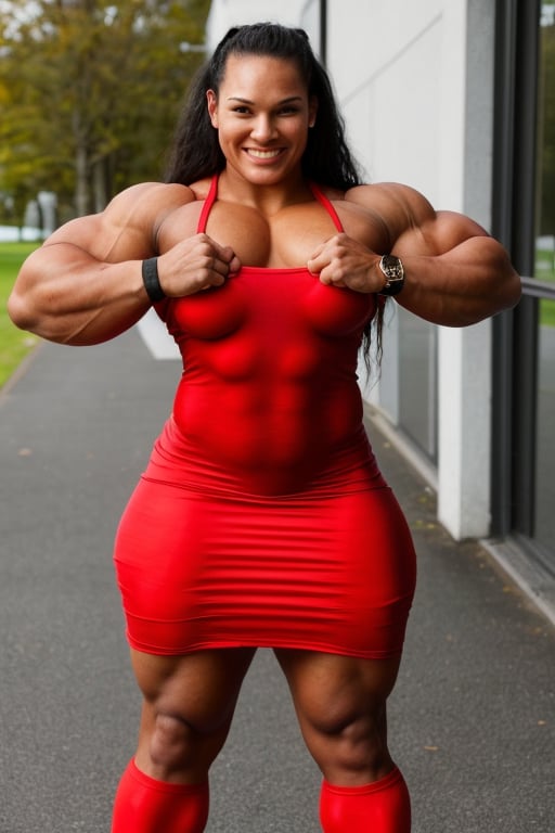 22 year old Valerie Adams, a heavily muscled iffb pro female bodybuilder,  a schoolgirl wearing a tight long silk dress,  red opaque pantyhose ,fmg