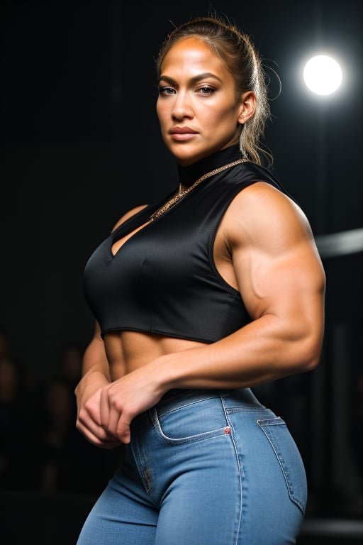 A heavily muscled iffb pro female bodybuilder, a RAW photo, portrait of 21 year old Jennifer Lopez wearing black satin blouse, jeans, simple background, model shot, cinematic shot, volumetric lighting, detailed eyes and face, magnificent, epic, sharp focus, dlsr, rim lights, blurry background, best quality, highly detailed, masterpiece, 8k, 