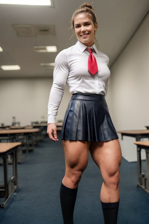 Resident evil, Viewed from below, dtamatic lighting, Ms Olympia giant 21 year old nicole bass, 21 year old Ronda Rousey, photoshoot studio quality lighting, heavily muscled iffb pro female bodybuilder, humongous muscular chest,((school uniforms:1.4)) ( ((high school)),((white shirt)), ((red tie)), ((dark blue leather skirt:1.3)) ((in the class room:1.3)) ((thin_fabric:1.4)) (random pose:1.3)) ((sweaty:1.5))((face is flushed:1.4)) ((big muscles:1.4)) ((close-up:1.2)) best quality,masterpiece,ultra high res,(photorealistic:1.4),raw photo,(Authentic skin texture:1.3),(film grain:1.3),panorama,character portrait,very wide shot,narrow waist,cowboy shot,(in the dark, deep shadow, low key, cold light,) night,streaming tears,,dust,Tyndall effect,(expression),beautiful detailed eyes and face,white jabot,brown eyes,((brown hair:1.2)) ((full body:1.3)) ((smile:1.3)),photorealistic