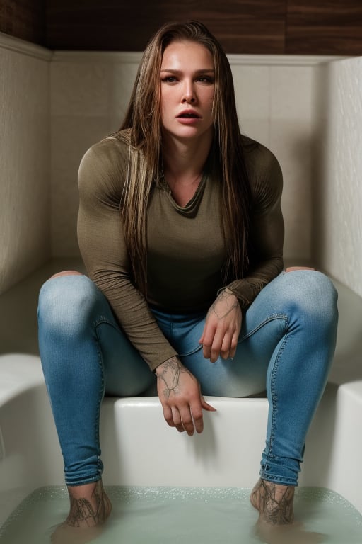 (Ronda Rousey best quality, highres), (70s setting), [fetishistic session], (realistic), [dirty bath], mature woman, (sitting deep inside bath in substance), detailed face features, soaking wet jeans, dirty touches, masturbation, expression of despair and gloomy ecstasy,tight blouses, vintage atmosphere, retro, vibrant colors