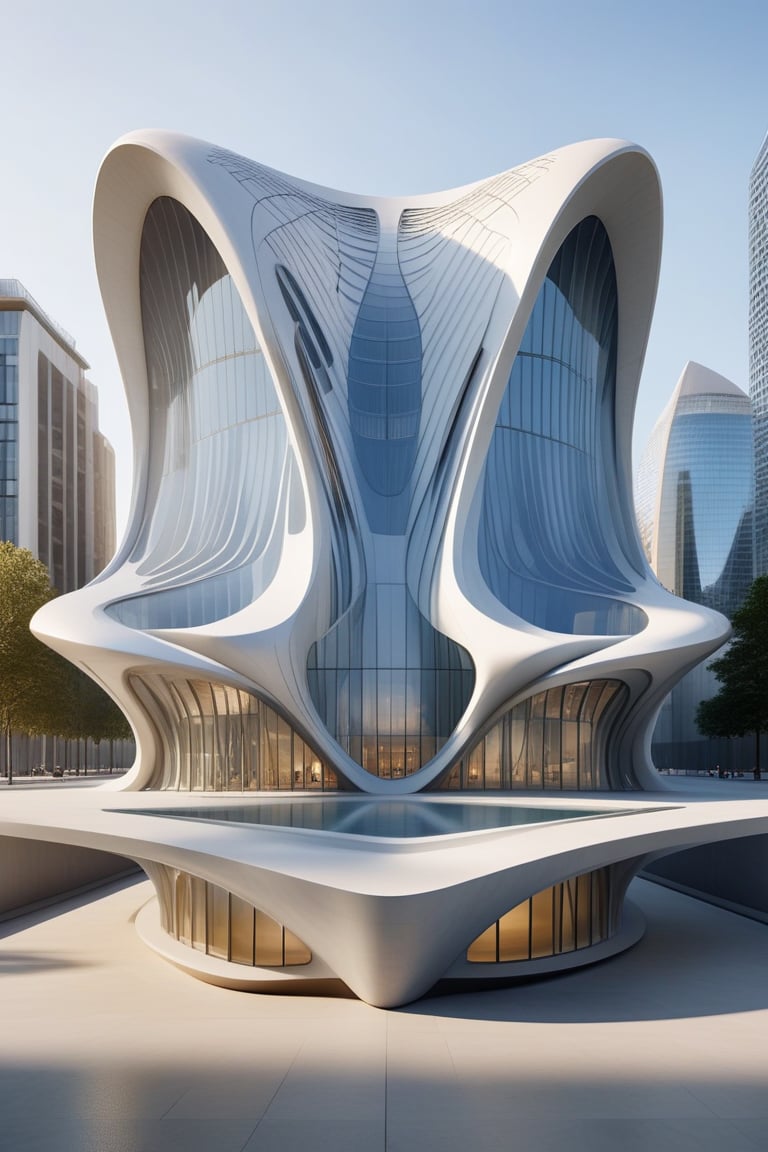 (master piece)(Future zen building), symmetrical rhombuses facade pattern, zaha hadid, Calatrava, glass windows,  concrete,  Atlantis, London house with tesselated facade, front street view,photo-realistic, intricate and complex details,hyper-realistic, parametric architecture,8k, ultra details,Golden section,
Irrational number,Minimalist style,

An architectural wonder with a daring configuration and ground-breaking design.This structure could be a museum or a company building.4k image photo like,(detailed)