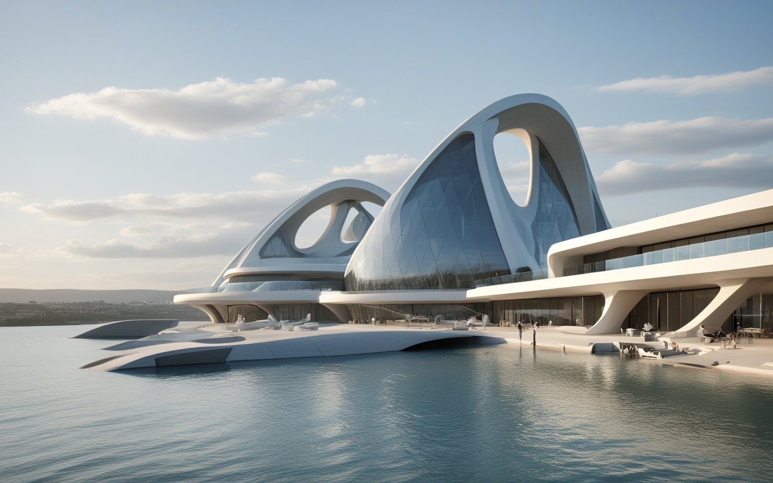 (master piece)(Future zen building), rhombuses facade pattern, zaha hadid, glass windows,  The ship,concrete,  Atlantis, Round and soft,Nordic,Great nature,
Future world,ship,rooftop,harbor
tower,Minimalist succinct style,flyship on sky,