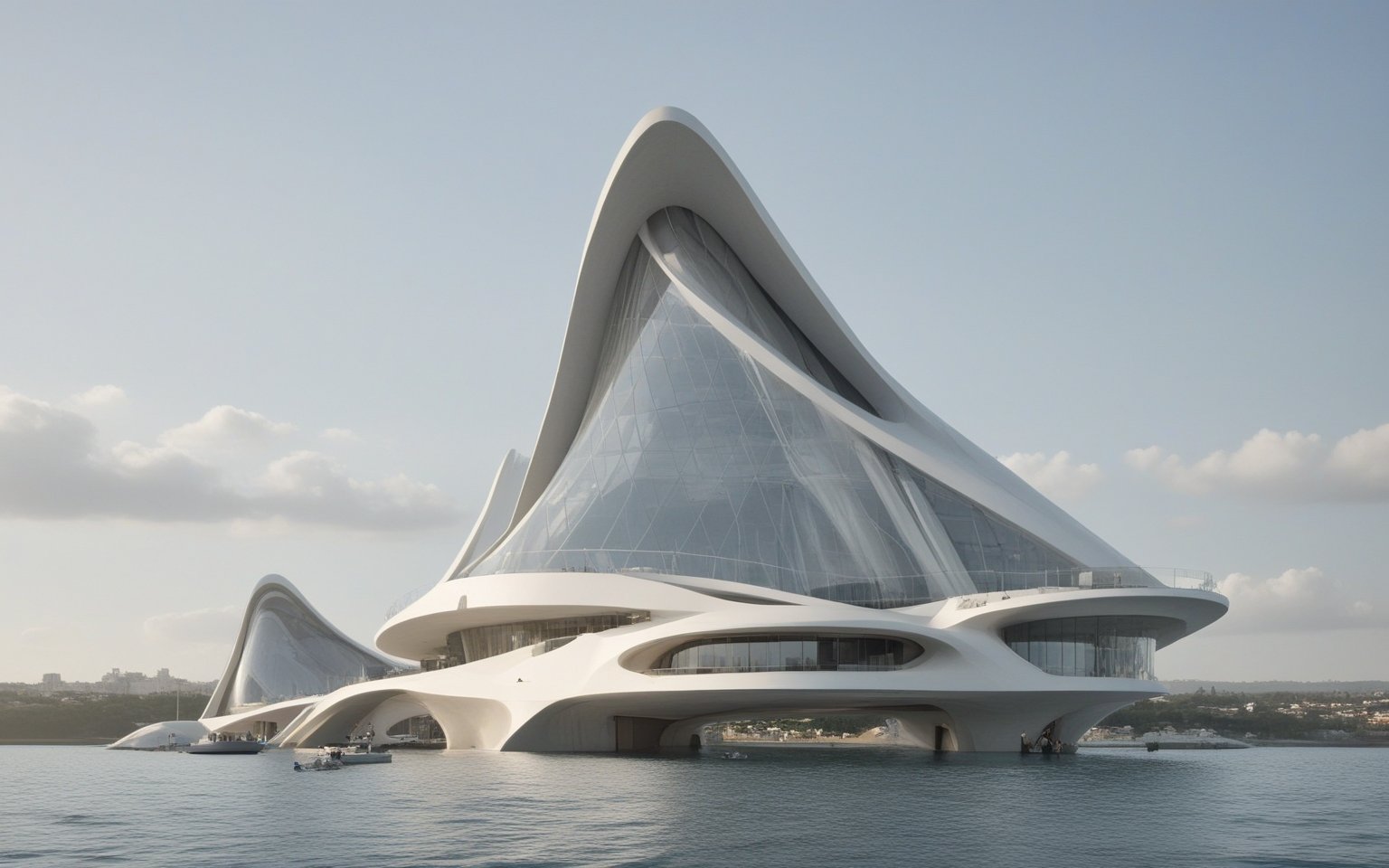 (master piece)(Future zen building), rhombuses facade pattern, zaha hadid, glass windows,  The ship,concrete,  Atlantis, Round and soft,Nordic,Great nature,
Future world,ship,rooftop,harbor
tower,Minimalist succinct style,flyship on sky,