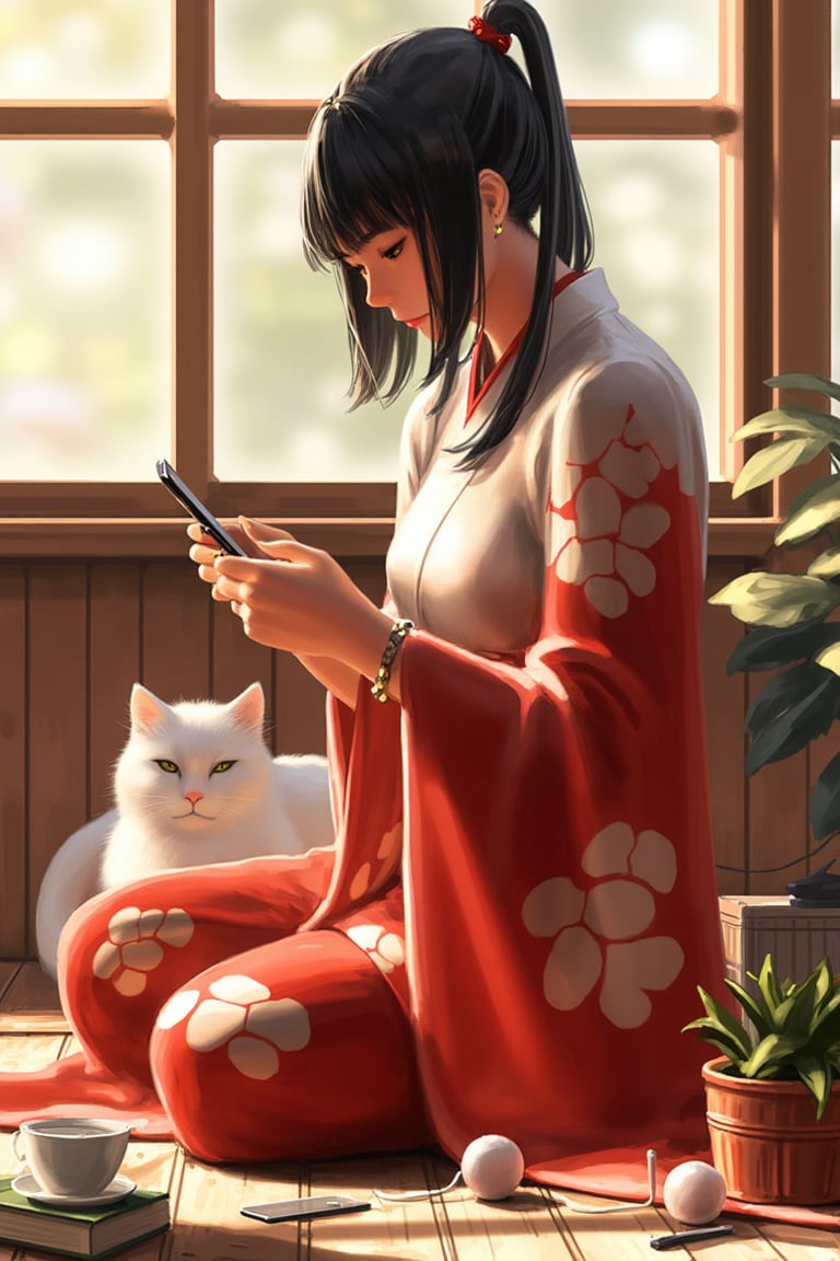 This digital painting depicts a young Japanese girl in a traditional red and white kimono, sitting on a wooden floor. She is surrounded by various objects like a cat, a teapot, books, and a potted plant, all bathed in soft sunlight streaming through a window. The girl has black hair styled in a side ponytail, and she is holding a smartphone, engrossed in it. The composition is balanced with warm, natural light creating a serene atmosphere. The colors are vibrant yet harmonious, with the red of her kimono contrasting beautifully with the white and the surrounding earthy tones. The textures are smooth, with a soft, painterly brushstroke style. The artwork is highly detailed, capturing the textures of the fabric and wood, and the light and shadow play adds depth and realism. The style is reminiscent of contemporary Japanese anime art, with a touch of realism, making it both charming and lifelike. guweiz,ohwx style