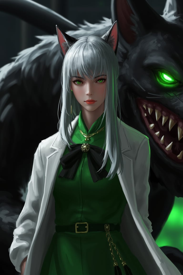 This digital artwork features a young woman with silver-gray hair and cat ears, suggesting a fantasy or anime style. She has a pale complexion and green eyes, and she wears a sleeveless, green dress with black accents and a white lab coat draped over her shoulders. The background is dark and industrial, with a large, menacing, black creature with glowing green eyes and jagged teeth looming behind her. The lighting is dramatic, casting shadows and highlights that emphasize the tension between the character and the creature. The color palette is predominantly dark with pops of green and white. The style is reminiscent of contemporary Japanese anime, with clean lines and vibrant colors. The textures are smooth and polished, typical of digital art. The overall mood is intense and slightly eerie, with a strong sense of danger and mystery. The character's expression is calm and slightly curious, adding to the intrigue of the scene. guweiz,ohwx style