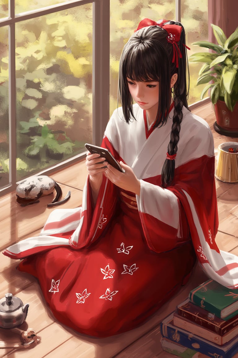 This digital painting depicts a young Japanese girl in a traditional red and white kimono, sitting on a wooden floor. She is surrounded by various objects like a cat, a teapot, books, and a potted plant, all bathed in soft sunlight streaming through a window. The girl has black hair styled in a side ponytail, and she is holding a smartphone, engrossed in it. The composition is balanced with warm, natural light creating a serene atmosphere. The colors are vibrant yet harmonious, with the red of her kimono contrasting beautifully with the white and the surrounding earthy tones. The textures are smooth, with a soft, painterly brushstroke style. The artwork is highly detailed, capturing the textures of the fabric and wood, and the light and shadow play adds depth and realism. The style is reminiscent of contemporary Japanese anime art, with a touch of realism, making it both charming and lifelike. guweiz,ohwx style