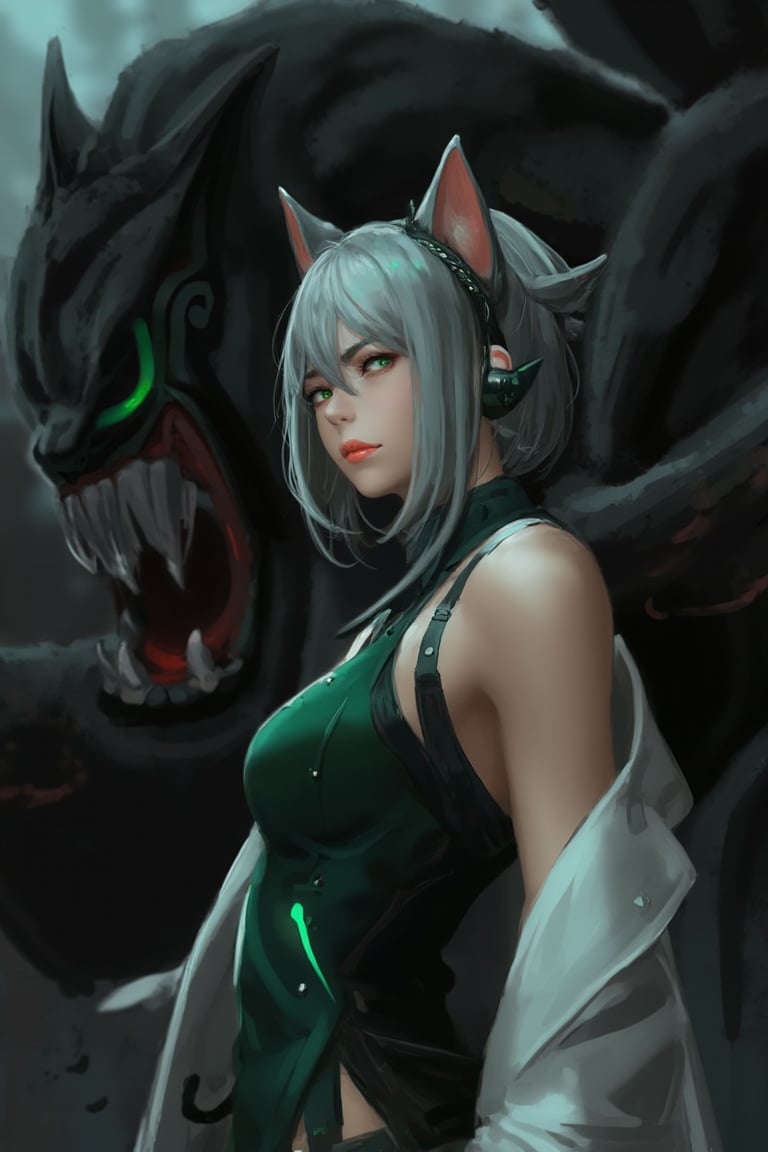 This digital artwork features a young woman with silver-gray hair and cat ears, suggesting a fantasy or anime style. She has a pale complexion and green eyes, and she wears a sleeveless, green dress with black accents and a white lab coat draped over her shoulders. The background is dark and industrial, with a large, menacing, black creature with glowing green eyes and jagged teeth looming behind her. The lighting is dramatic, casting shadows and highlights that emphasize the tension between the character and the creature. The color palette is predominantly dark with pops of green and white. The style is reminiscent of contemporary Japanese anime, with clean lines and vibrant colors. The textures are smooth and polished, typical of digital art. The overall mood is intense and slightly eerie, with a strong sense of danger and mystery. The character's expression is calm and slightly curious, adding to the intrigue of the scene. guweiz,ohwx style