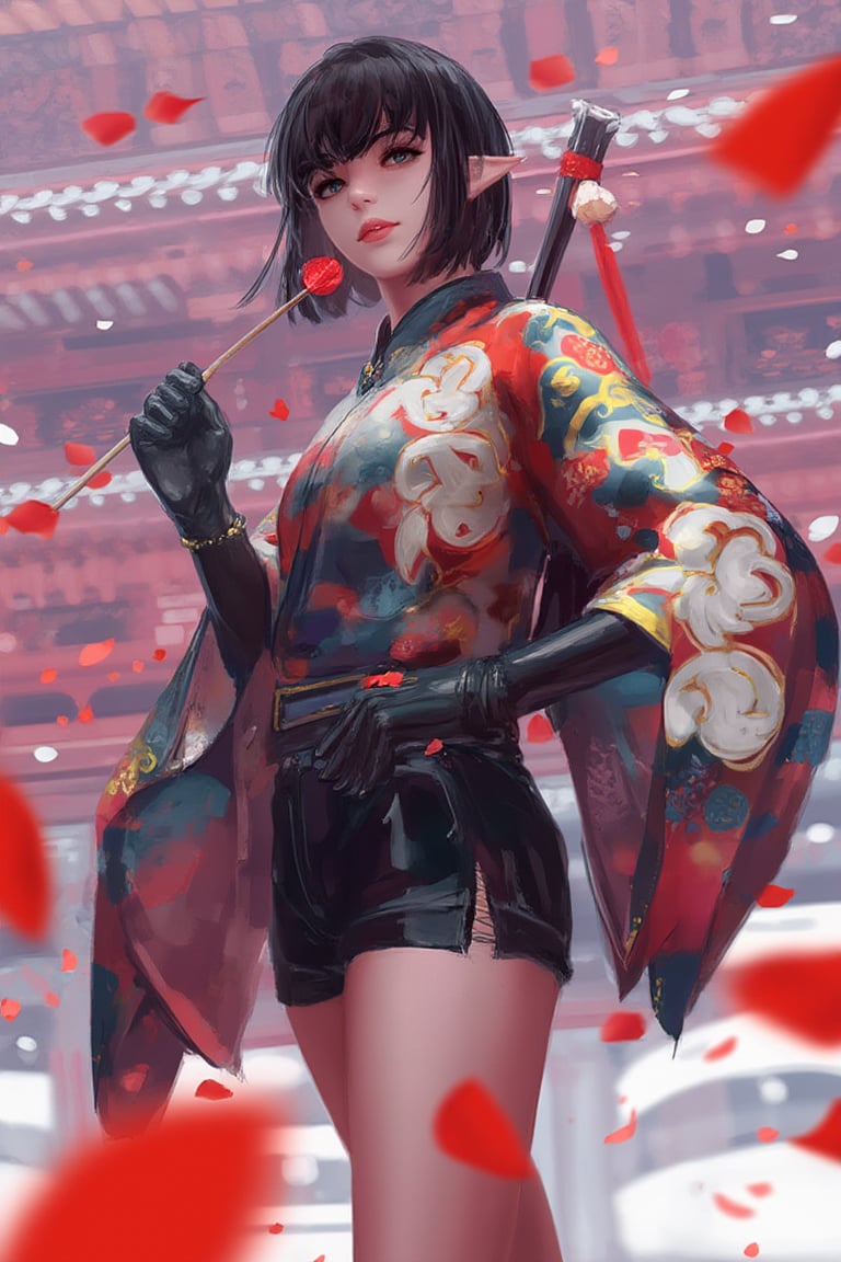 This is a vibrant, dynamic digital painting of a young female elf with a short, bobbed black haircut and pointed ears. She is standing confidently, holding a red lollipop in her right hand and a pair of chopsticks in her left. She wears a traditional Japanese kimono with intricate white and red patterns, black shorts, and black gloves. Her skin is fair, and she has a playful, mischievous smile. The background features a traditional Japanese temple with red and white colors, and petals are scattered around, adding to the festive atmosphere. The art style is a blend of anime and traditional Japanese art, with a focus on bold colors and fluid lines. The overall composition is balanced, with the character slightly off-center, creating a sense of movement and energy. The use of light and shadow enhances the depth and dimensionality of the scene. The artwork is vibrant, colorful, and full of life. guweiz,ohwx style