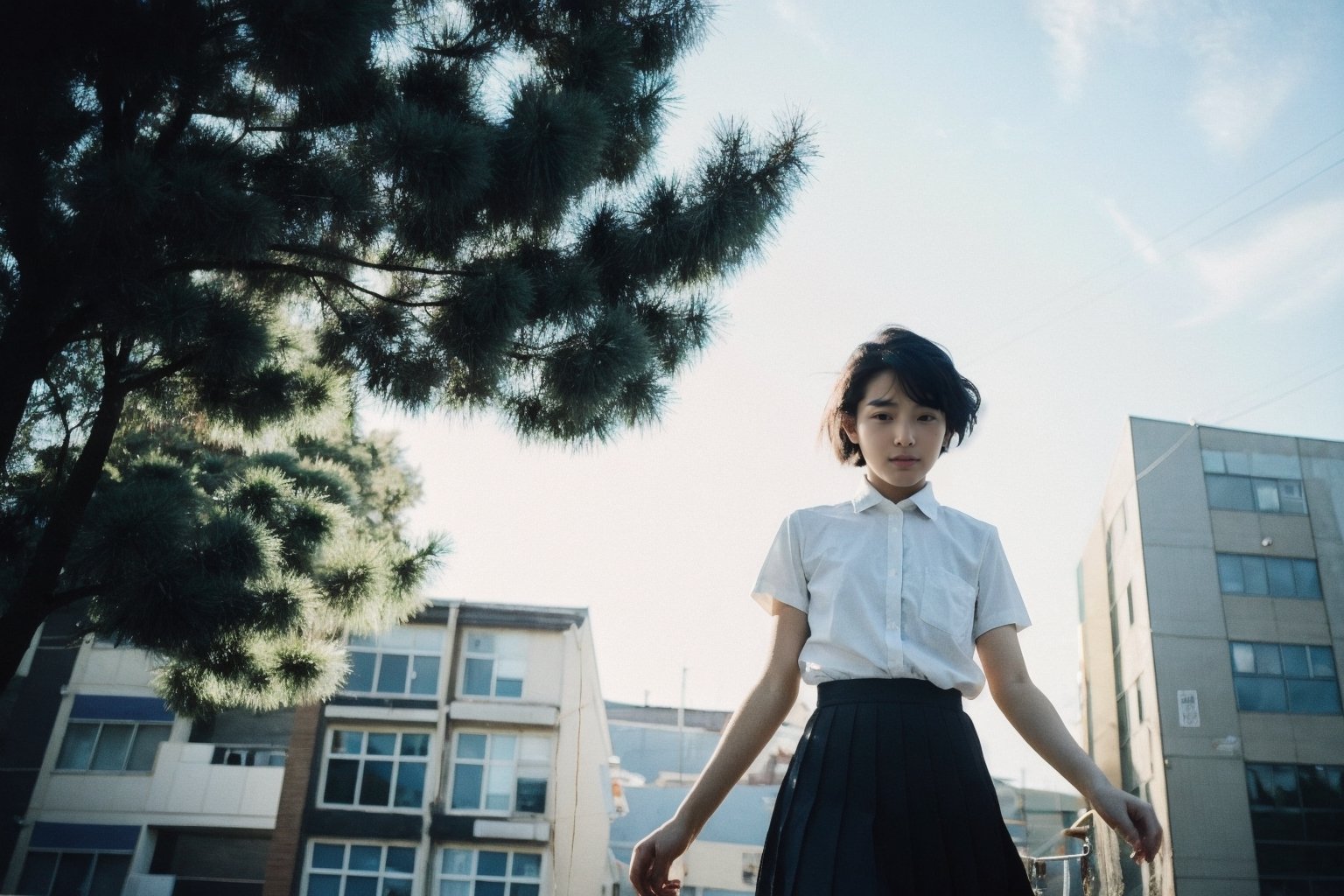 School life of japanese student in future world with floating buildings in sky seen through the lens of a minimalist Japanese photography style, focusing on girl, 18 years old, short hair, white short sleeve shirt with black skirt and white socks focus on activities in school playgrounds , in bright clear lighting ,analog photography ,Chingmy Yau Suk-ching 2.0