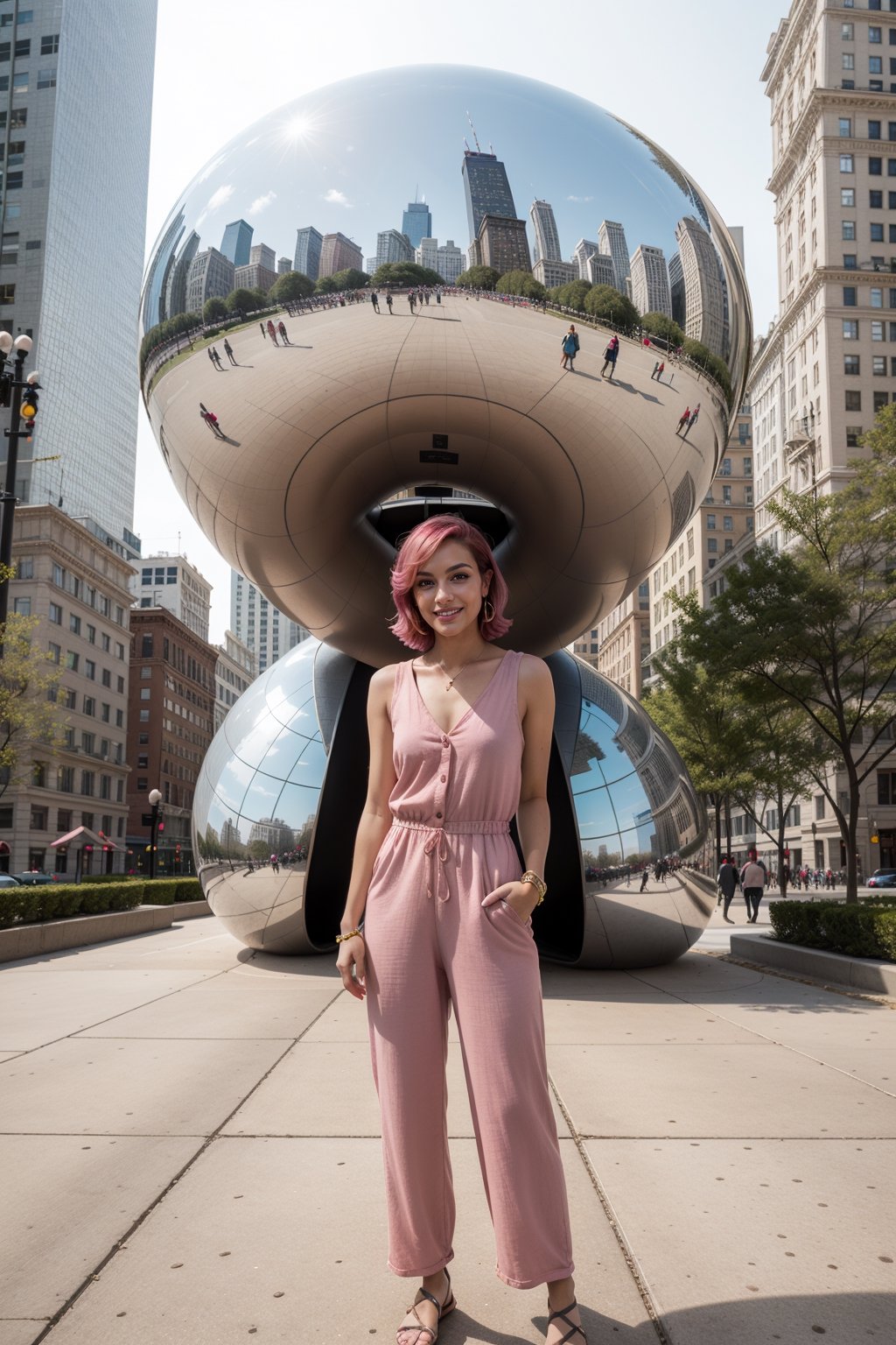 At the iconic Bean sculpture in Millennium Park, Chicago, Illinois, the woman with bubblegum pink hair strikes a pose wearing a stylish jumpsuit, statement earrings, and sandals, capturing the whimsical spirit of the Windy City.







