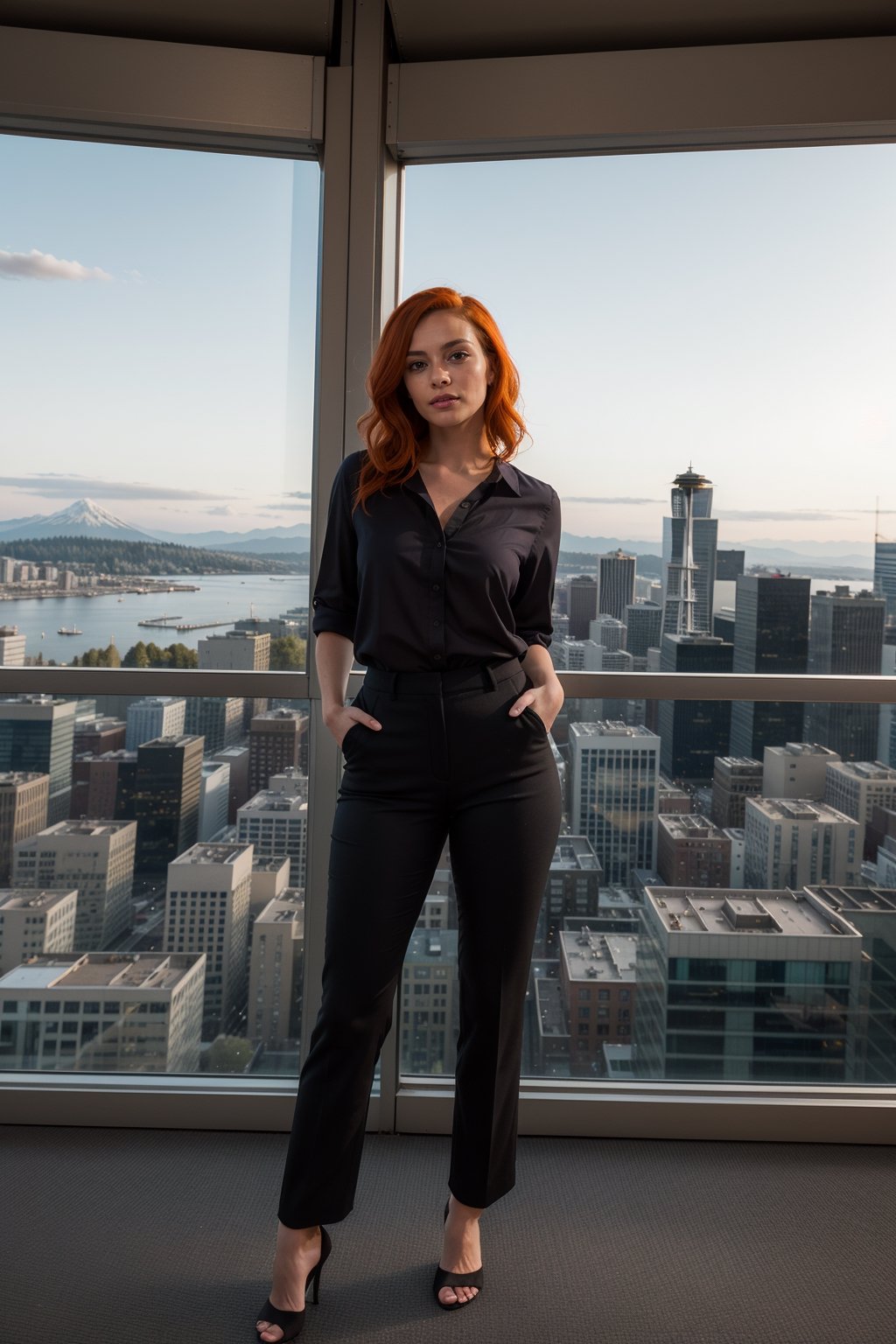 Amidst the skyscrapers of downtown Seattle, Washington, the woman with fiery orange hair enjoys panoramic views from the Space Needle wearing a chic blouse, tailored trousers, and heels, savoring the urban skyline.

