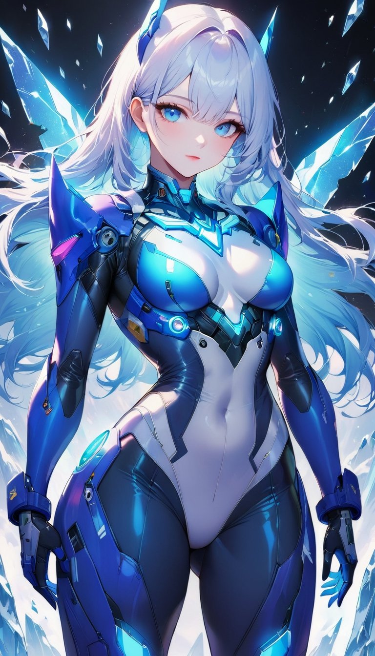 Best picture quality, high resolution, 8k, realistic, sharp focus, realistic image of elegant lady, Korean beauty, supermodel, pure white hair, blue eyes, wearing high-tech cyberpunk style blue Batgirl suit, radiant Glow, sparkling suit, mecha, perfectly customized high-tech suit, ice theme, custom design, 1 girl,swordup, looking at viewer,JeeSoo
