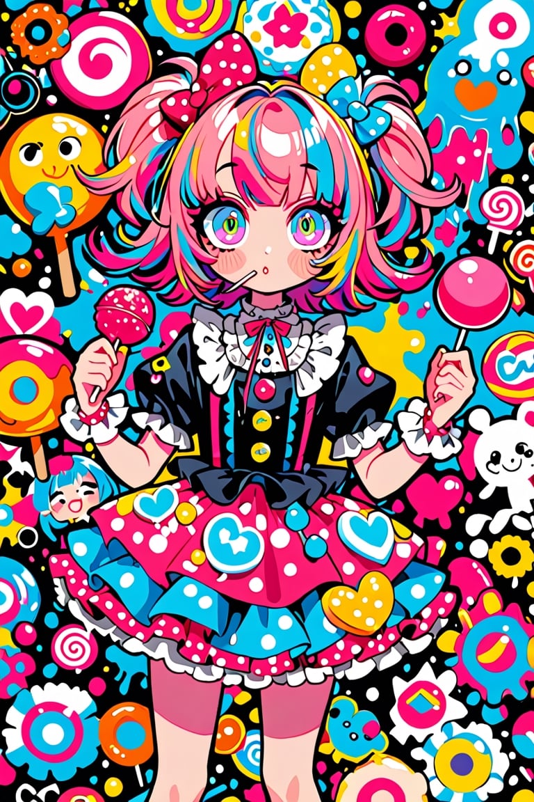 children's doodle style,
Colorful pop art, candy pop, lollipop punk, brightly colored berry beans, emo pink lolita girl,big Eyes,A dress made of jelly and ice cream,
 maximalism designemo,dal-6 style,Color Splash