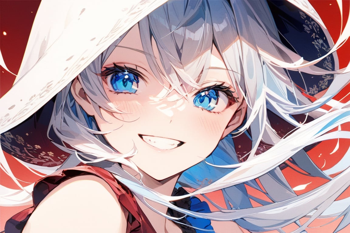 Blue Clear Eyes,blue eyes,blue,red tone,grin,masterpiece, best quality