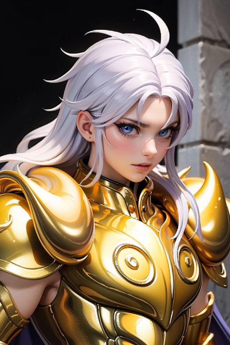 (Extremely detailed CG uniform 8k wallpaper, masterpiece, best quality, super detailed), male anime character wearing golden armor, 1boy, golden armor, male focus, handsome face, purple wavy shawl long hair, armor, solo, Leo Armor, Trending on Artstation, Fantasy00d, Saint