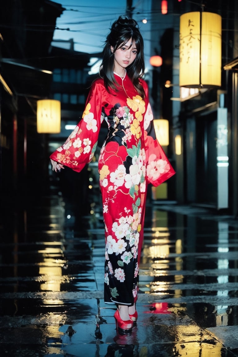 1girl, solo, long hair, smile, black hair, hair ornament, long sleeves, dress, standing, full body, flower, sky, hair flower, black footwear, high heels, petals, night, chinese clothes, red dress, reflection, lantern, dragon, architecture, east asian architecture, paper lantern, eastern dragon, reflective floor,Realistic,Chinese ink painting