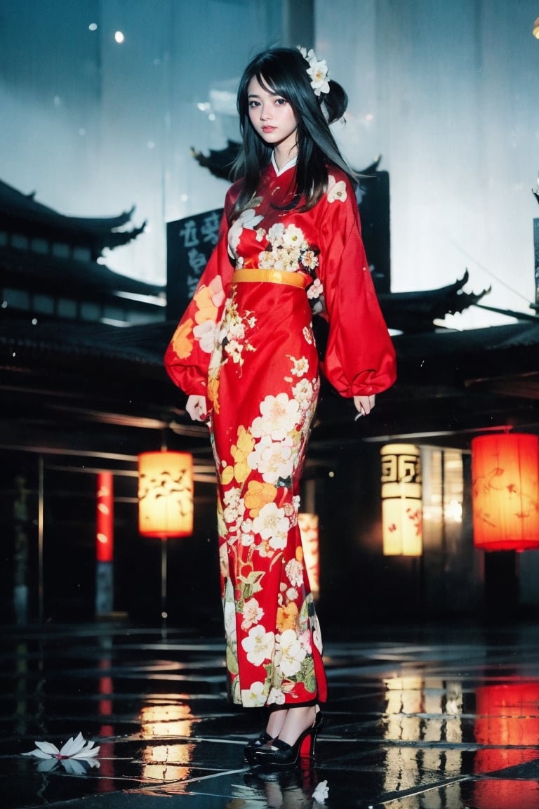 1girl, solo, long hair, smile, black hair, hair ornament, long sleeves, dress, standing, full body, flower, sky, hair flower, black footwear, high heels, petals, night, chinese clothes, red dress, reflection, lantern, dragon, architecture, east asian architecture, paper lantern, eastern dragon, reflective floor,Realistic,Chinese ink painting