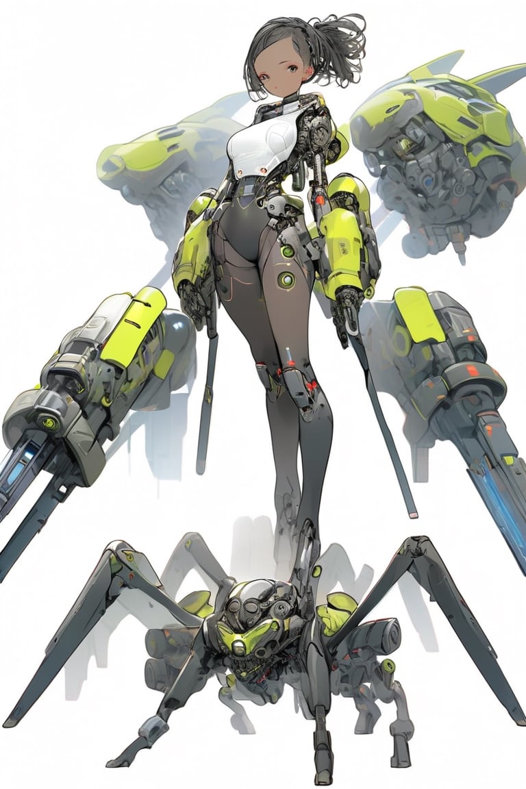 (absurdres, texture, ultimate-detailed, fine face), simple flat illustration, futurepunk, ambivalence, science fiction, gallant, futuristic see-through body android girl with tactical weapon crawling all over its body, standing in honor, hold a futuristic sword, mechanical weapon arms and hands, white background,