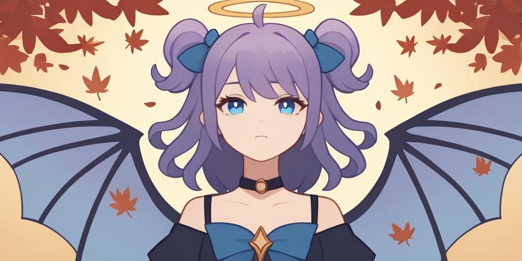score_9, score_8_up, score_7_up, Minimalstyle, 1girl, sucubbus, purple hair, long curly hair, (two side up), blue eyes, two blue bows on head, (Double golden halo on her head), choker, vampire wings on back, ahoge ,simple, faceless female, beautiful, extremely detailed, vector, headshot,falling leaves,minimalstyle,score_6_up
