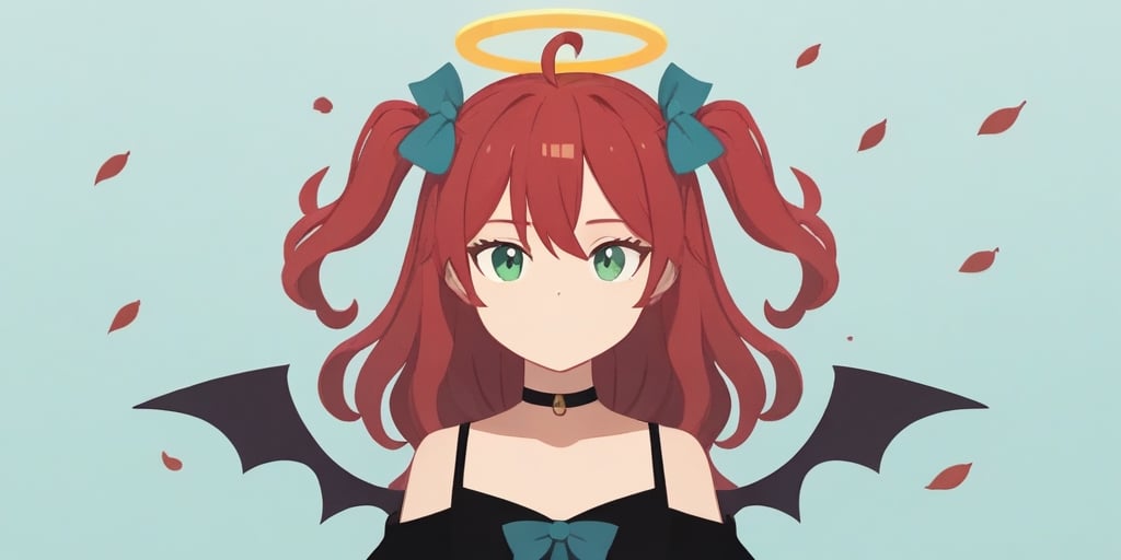 score_9, score_8_up, score_7_up, Minimalstyle, 1girl, demon, red hair, long curly hair, (two side up), green eyes, two blue bows on head, (Double golden halo on her head), choker, demon wings on back, ahoge ,simple, faceless female, beautiful, extremely detailed, vector, headshot,falling leaves,minimalstyle,score_6_up