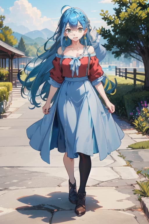 blue hair, long hair, red shirt, blue skirt, long skirt, ahoge, earrings, blue leggings, kingdom of rosas outfits, kingdom of rosas style, green eyes, gray blue skirt, red bareshirt, red off-shoulder shirt, fullbody, character sheet