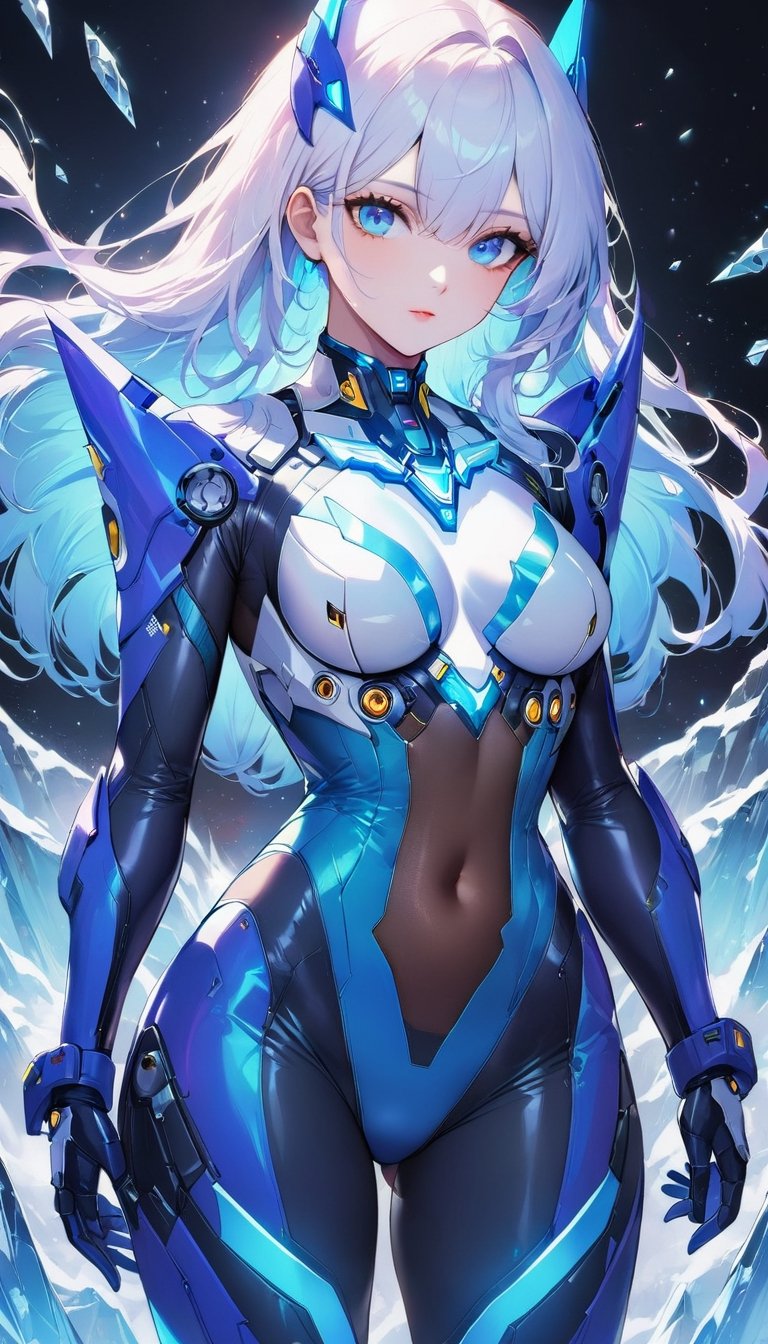 Best picture quality, high resolution, 8k, realistic, sharp focus, realistic image of elegant lady, Korean beauty, supermodel, pure white hair, blue eyes, wearing high-tech cyberpunk style blue Batgirl suit, radiant Glow, sparkling suit, mecha, perfectly customized high-tech suit, ice theme, custom design, 1 girl,swordup, looking at viewer,JeeSoo
