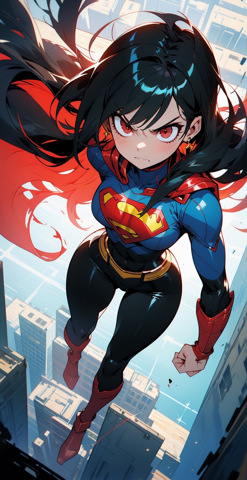 \\Beautiful adult woman\\, supergirl, (red eyes), ((black hair)), torn cape, long_hair:1.3, bangs, hourglass body shape, detailed eyes, normal breasts quality, evil smirk, slim waist, (slim thick body), ((full-body)), (angry look), perfect hands, in a spartan thick armor, ruined city, surrounded by death, fire around, dark colors, sad colors, space hair, levitating, sky, zero gravity, above city, view from above looking down, depth_of_field
