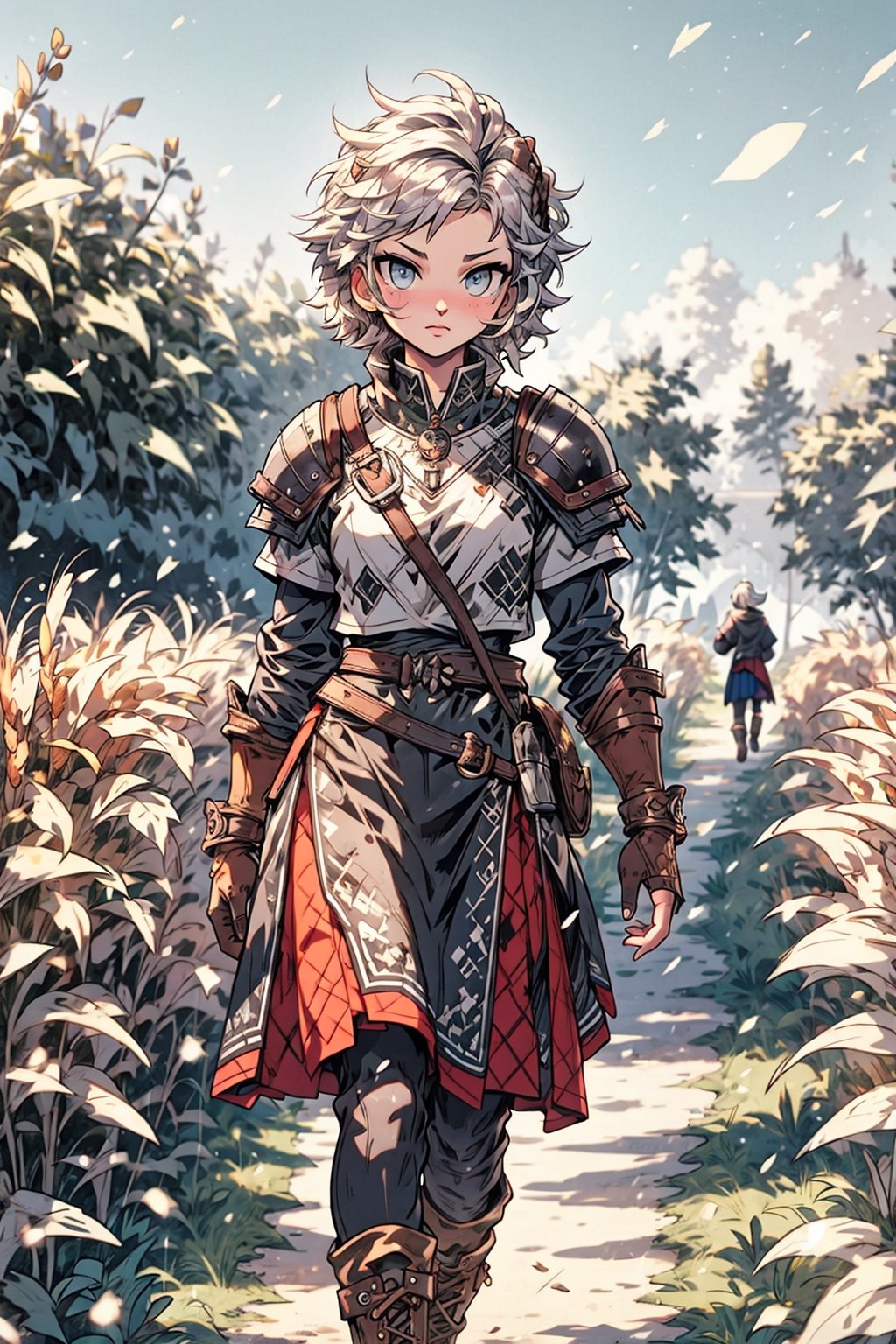 (Masterpiece, best quality, ultra-detailed, High detailed, detailed background, Perfect hands, perfect anatomy, anatomically correct),viking, 1girl, solo_female, undercut silver hair, brigth_purple_pupils, ,nodf_lora, eyesgod, ,retro artstyle, leather armor, leather gloves, long skirt, combat boots, walking through a wheat field, holding nothing