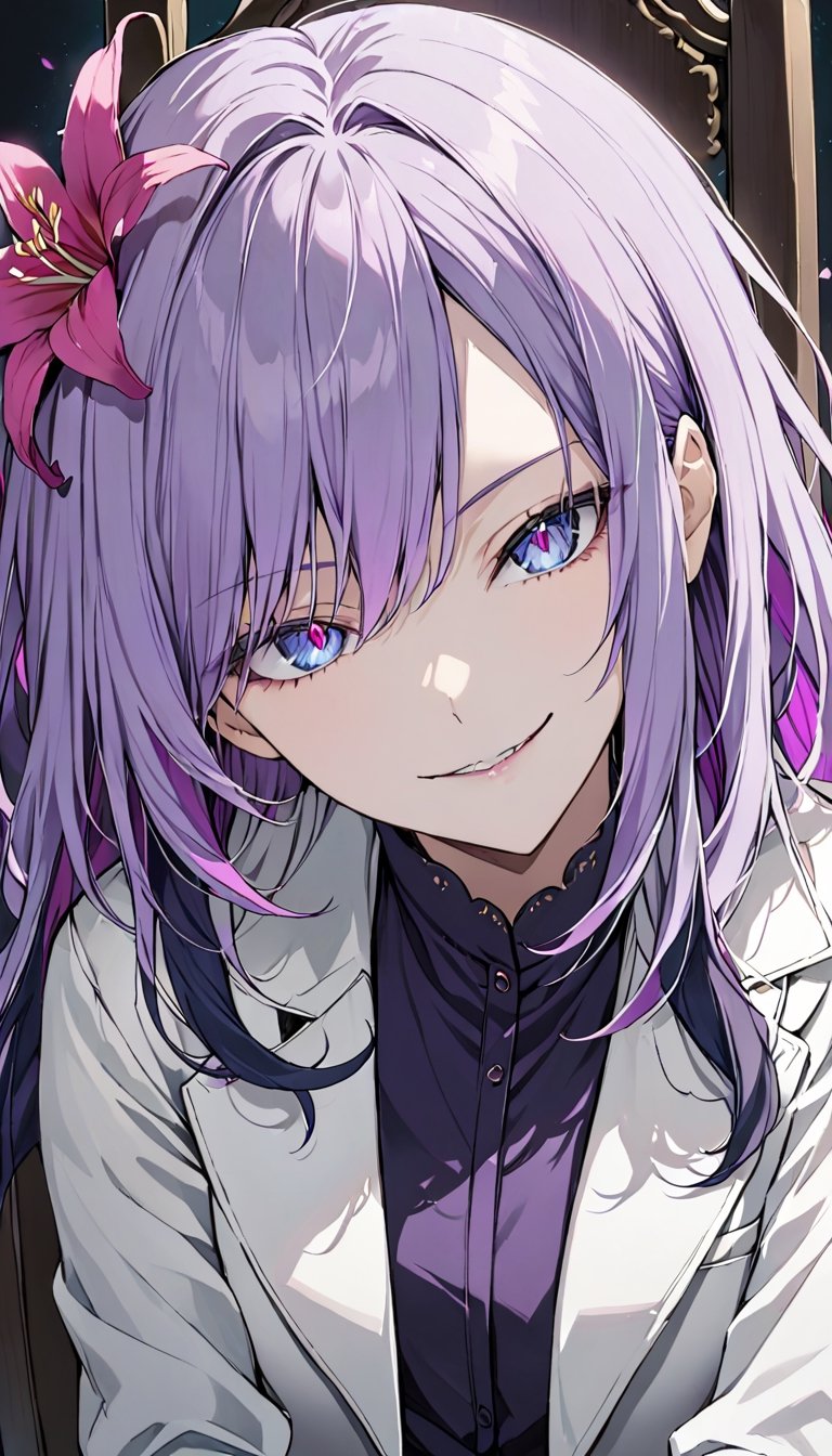 looking at viewer, long purple hair, shirt, 1girl, dark blue eyes, white jacket, evil smile ,upper body,close mouth, flower, female focus, solo focus,sit on chair,pink lily \(flower\), hand pov, kabedon