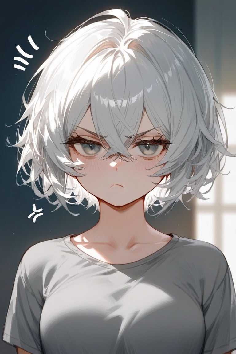 score_9_up,score_8_up, source_anime, 1girl,white hair,short hair,crossed bangs,grey shirt,,narrowed eyes,frown, annoyed 