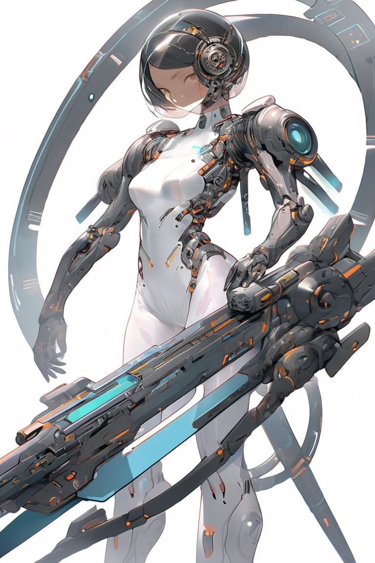 (absurdres, texture, ultimate-detailed, fine face), simple flat illustration, futurepunk, ambivalence, science fiction, gallant, futuristic see-through body android girl with tactical weapon crawling all over its body, standing in honor, hold a futuristic sword, mechanical weapon arms and hands, white background,