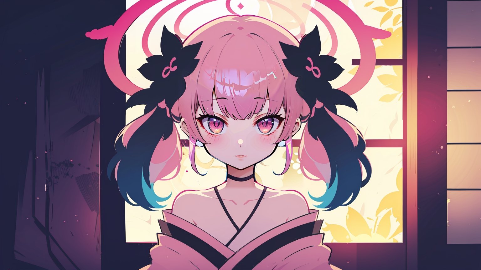 ((koharu, pink hair, medium hair, twintails, tied hair, pink eyes, halo,)),

masterpiece, best quality, extremely detailed, absurdres, expressive clothes, fine fabric emphasis, ray tracing, fantasy style, 1girl , upper body , portrait , tilted head , hanfu , obi , kimono , (split-color hair:1.4) , off shoulder, pink eyes , Japanese architecture, indoor , light and shadow, crystal flower, crystal,hand,solid warm colors,anime minimalist,anime minimalist