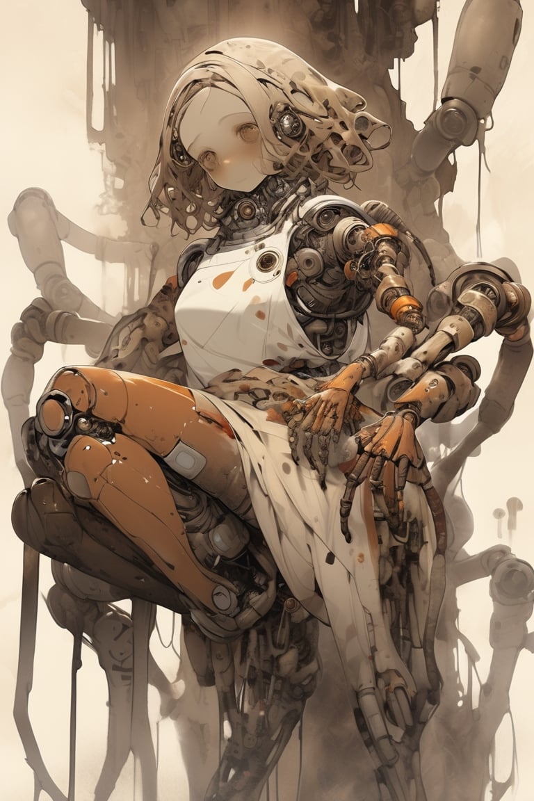 (absurdres, texture, ultimate detailed):1.3, flat illustration, faded oil painting, sepia color, (focus on knee), science fiction, gallant, disorder, rotten, ancient android girl with rust and flowers crawling all over its body, looking a bird on its palm curiously, mechanical arms and hands,