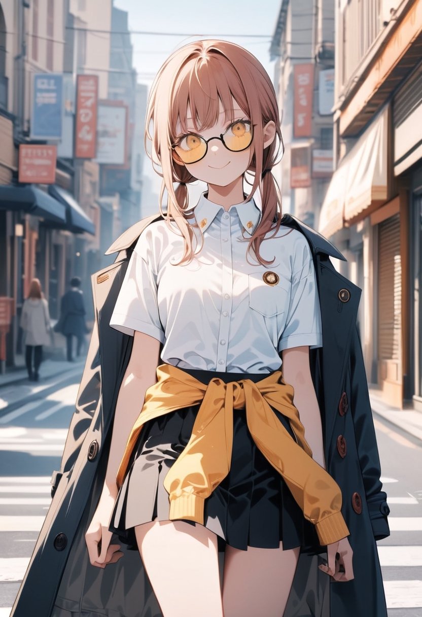 Masterpiece, beautiful details, perfect focus, uniform 8K wallpaper, high resolution, exquisite texture in every detail,
 street, looking_at_viewer, clean eyes
1girl, makima (chainsaw man), white shirt,  skirt, midriff, short sleeves,  coat tied around waist,
 twintail, wearing yellow tinted glasses, smile, :>, 

