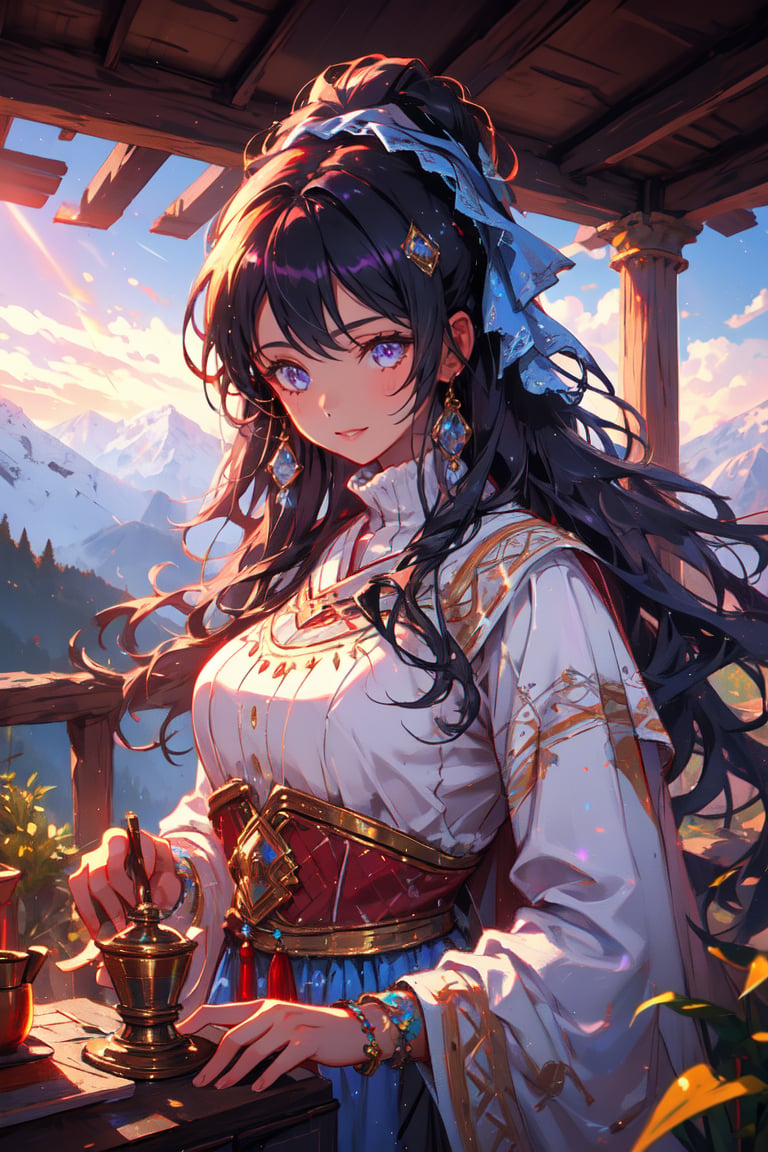 a gipsy girl, long violet hair, high quality, high resolution, high precision, realism, color correction, proper lighting settings, harmonious composition, girl, ancient gipsy clothes, in a mountain