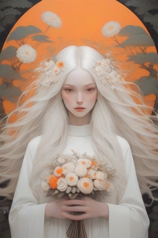 Create an artwork of a person with long, flowing hair intertwined with an array of white and orange flowers, wearing a garment that harmonizes with the botanical surroundings. The overall atmosphere should evoke an ethereal and dreamlike essence.
