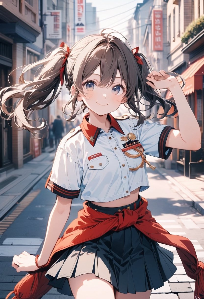 Masterpiece, beautiful details, perfect focus, uniform 8K wallpaper, high resolution, exquisite texture in every detail,
 street, looking_at_viewer, clean eyes
1girl, Hotaru Shidare (Dagashi_Kashi), white shirt,  skirt, midriff, short sleeves,  coat tied around waist,
 twintail, smile, :>, 
