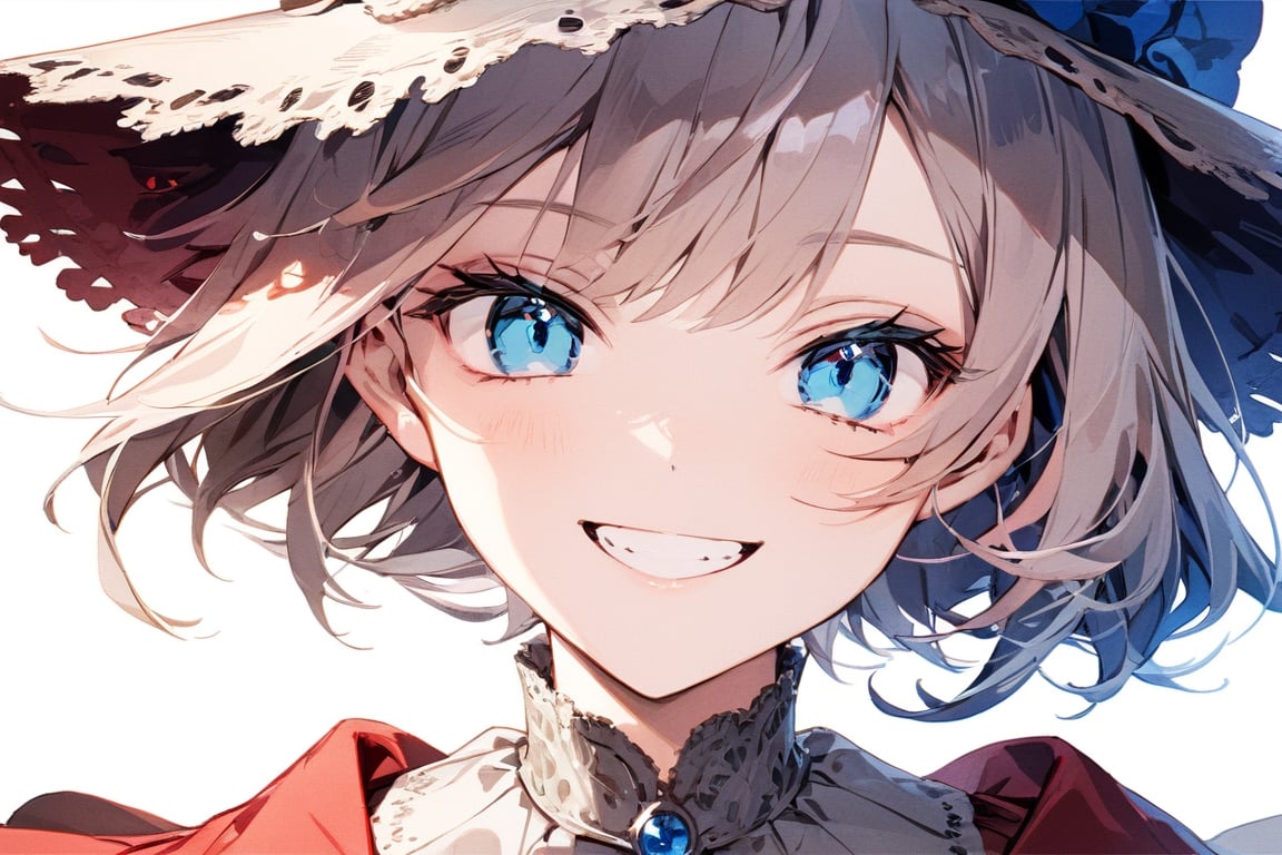 Blue Clear Eyes,blue eyes,blue,red tone,grin,masterpiece, best quality