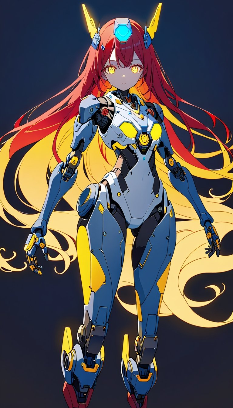 A cute girl,cyborg,yellow glow eyes ,red long hair,cowboy shot, robot joints,yellow shine eyes,blue headgear,masterpiece, best quality, aesthetic,(floating wave),blue Mechanical sense,art illustration,flat color,colorful shadow art, shadow silhouette