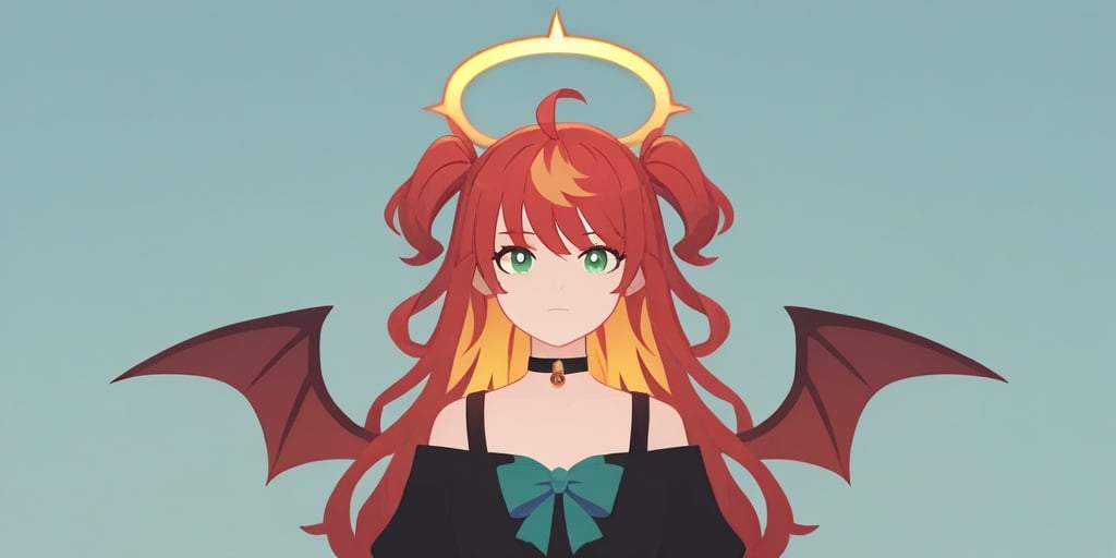 score_9, score_8_up, score_7_up, Minimalstyle, 1girl, demon, red hair, long curly hair, (two side up), green eyes, two blue bows on head, (Double golden halo on her head), choker, demon wings on back, ahoge ,simple, faceless female, beautiful, extremely detailed, vector, headshot, flames,minimalstyle,score_6_up